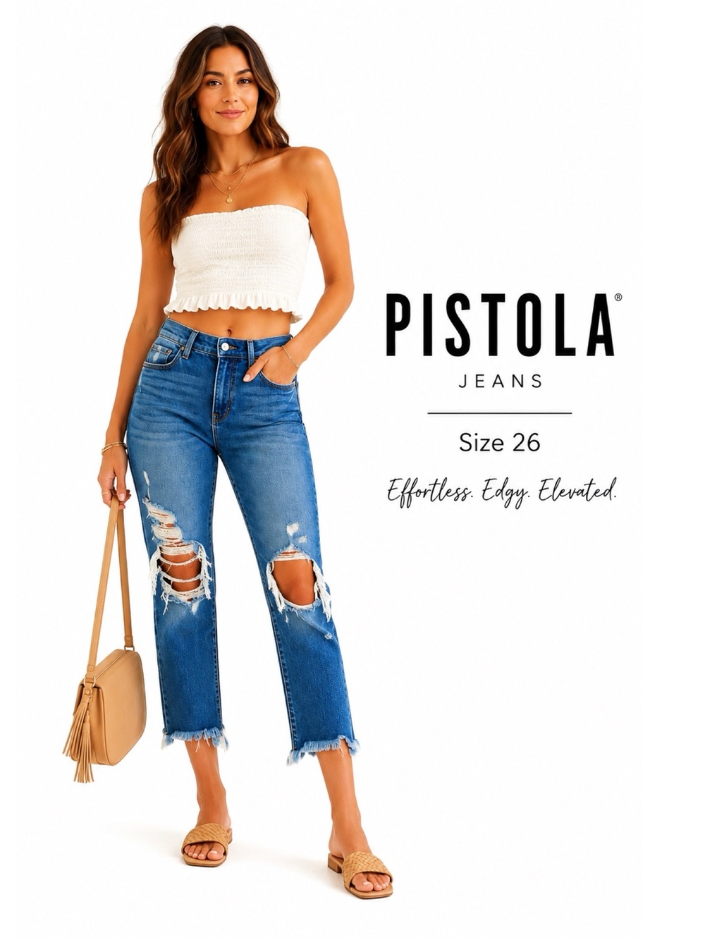 PISTOLA Ripped High Rise Fringe Raw Hem Crop Jeans Size 26